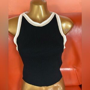 House of Harlow 1960 Black Ribbed Halter Tank with Cream Trim